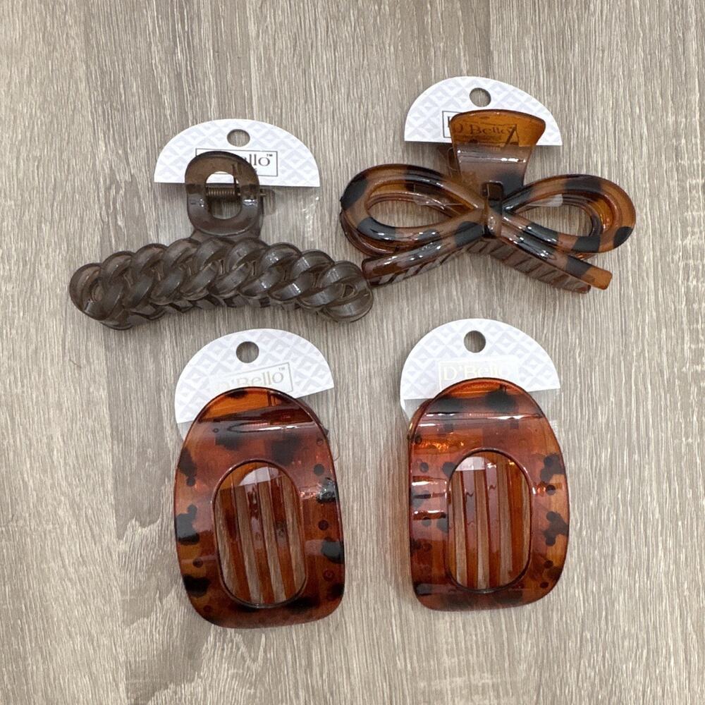 D'Bello Tortoiseshell Hair Claw Clip Lot of 4, Brown/Black Plastic